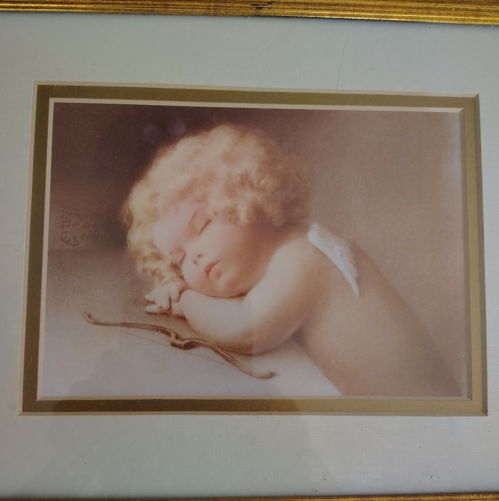 1920’s Bessie Pease Gutmann Print Love’s Harmony Cupid Caught Napping Matted 10”